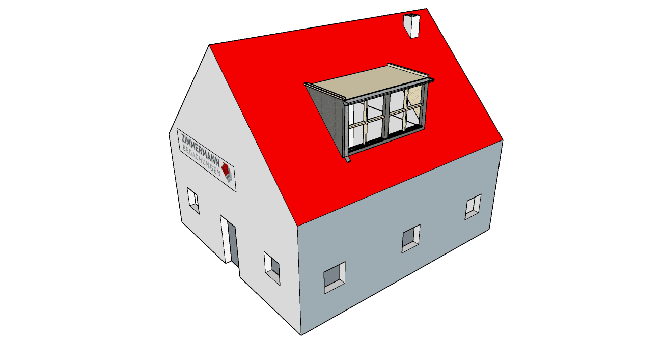 3D-Modell eines grauen Hauses mit rotem Dach und einem Gewächshausanbau auf dem Dach, das die komplizierten Dacharbeiten sowohl am Flachdach als auch am Steildach zeigt.